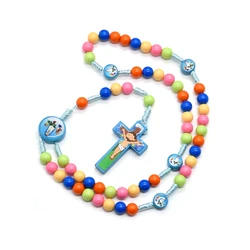 Religious Colored Plastic Beads Rosary Necklace Wood Cross Pendant Catholic Prayer Ornaments Cannot be worn
