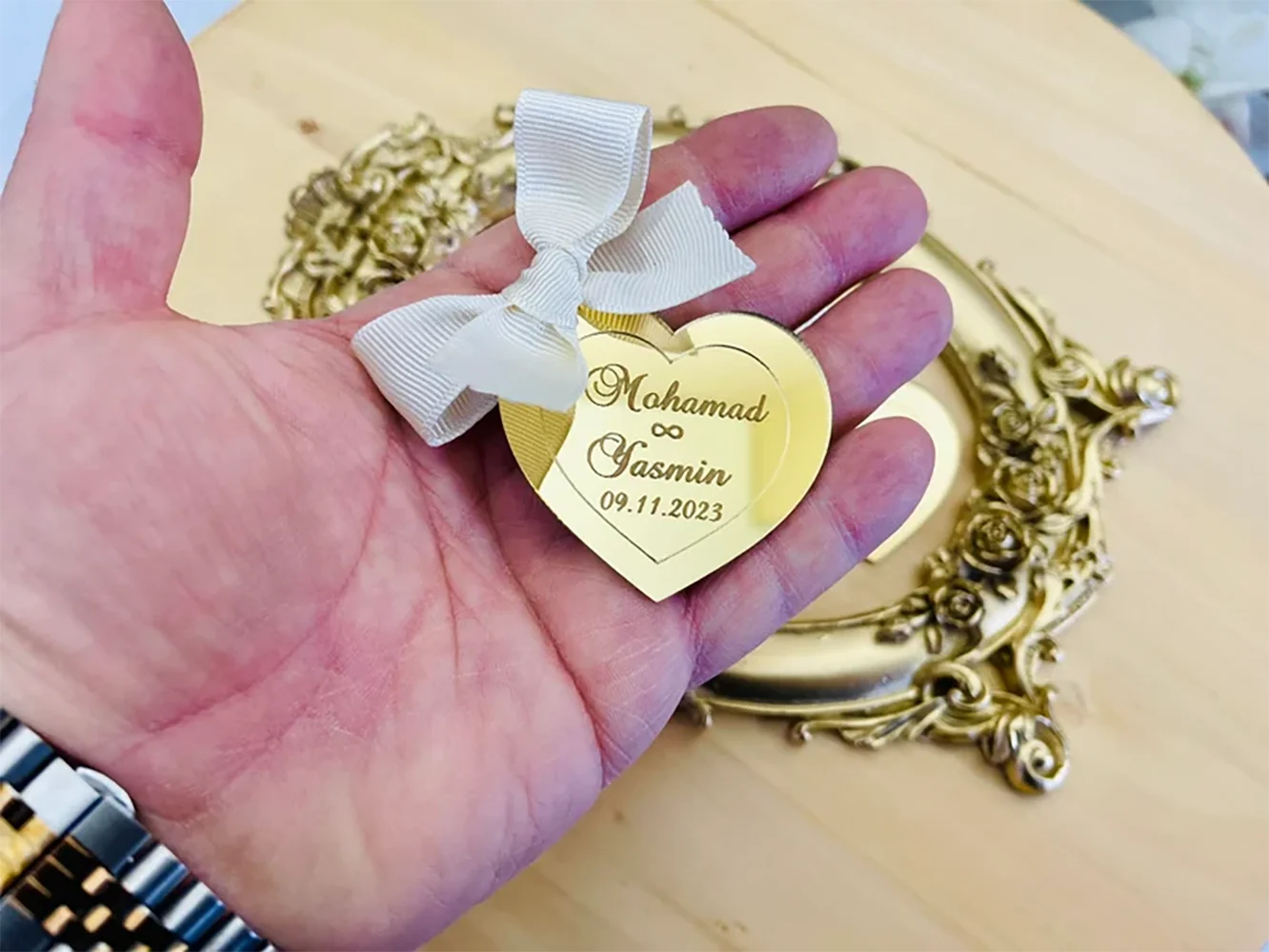 

5/10/25/30Pcs Personalized Engagement Heart Shape Mirror Tag | Wedding Favor Tag | Heart Tag | Engagement Name Tag