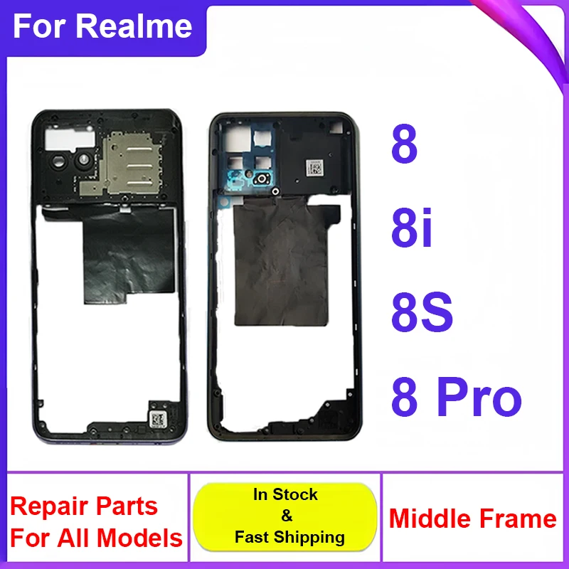 Carcaça de moldura intermediária para realme 8i 8 8 pro 8 8s 4g 5g, capa de moldura intermediária com/sem botão lateral, peças de cobertura de lente de câmera