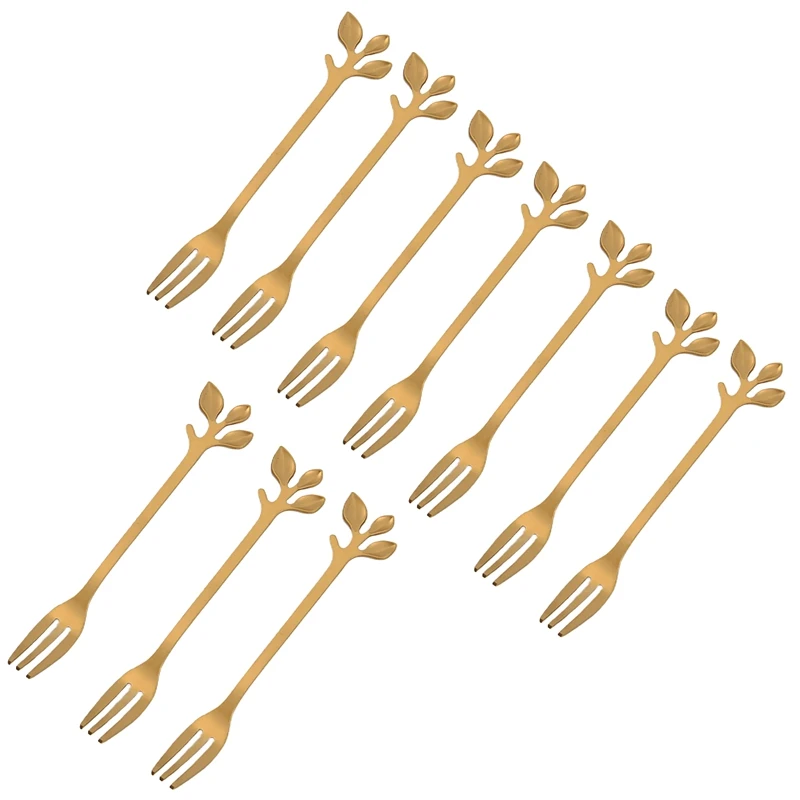Dessert Forks 10 Pcs Stainless Steel Leaf Cake Fruit Forks Set Tasting Dessert Forks Kitchen Accessory Wedding Golden
