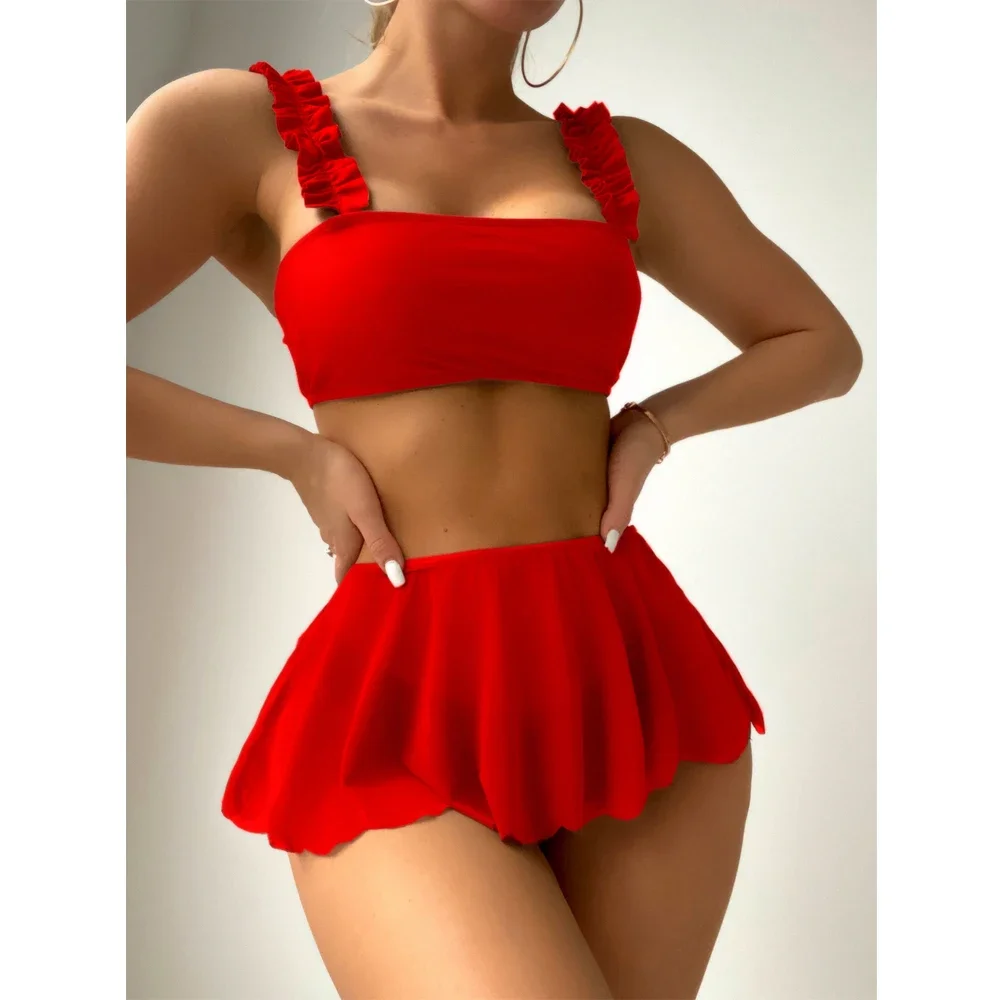 

2023 Red Swimsuit Women Sexy High Waist Skirt Three-Piece Bikini Ruffle Suspender Chest Wrap Swimwear Summer Beach Bathing Suit