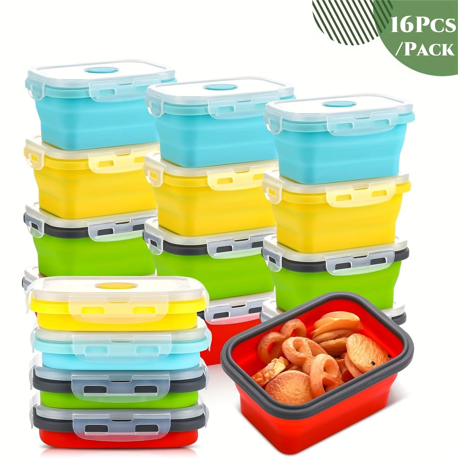 

16Pcs/Pack Reusable Collapsible Food Storage Containers,Silicone Lunch Box with Lids,Microwave Dishwasher Safe(350ml/11.8oz)