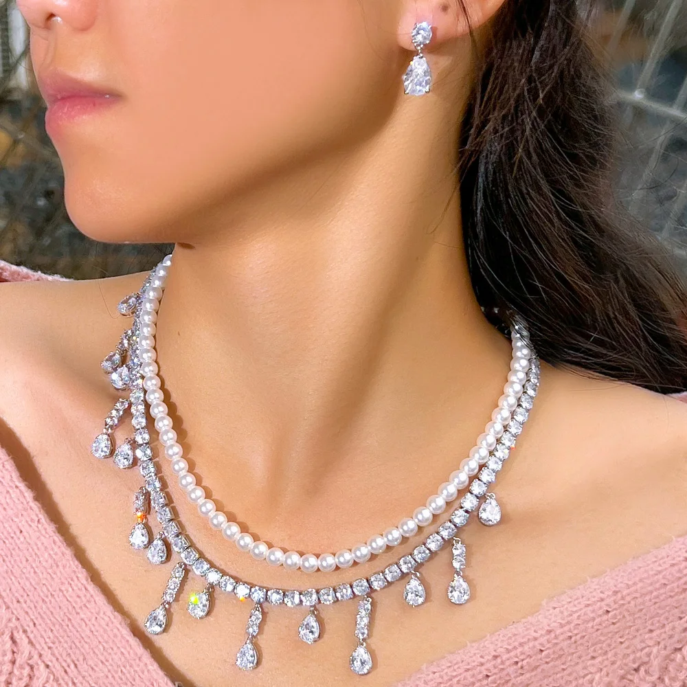 BeaQueen Elegant 2 Layered Sliver Color Pearl Long Tassel Water Drop Necklace Earring for Women Anniversary Jewelry Set JS412