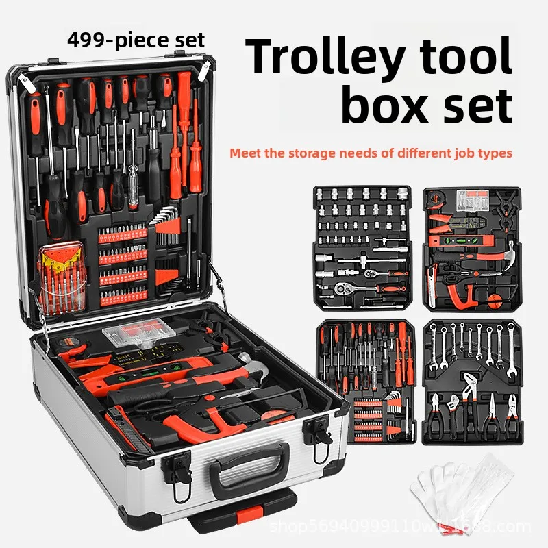 499pcs Aluminum Trolley Case Tool Set Silver, House Repair Kit Set, Household Hand Tool Set, Gift on Father's Day