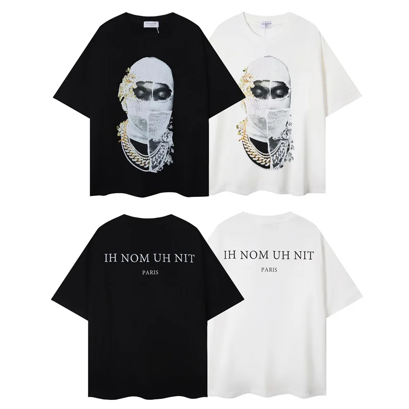 

2024ss IH NOM UH NIT T Shirt Men Woman Best Quality Loose O-Neck Pearl Masked Man Printing Black White Tops Tee