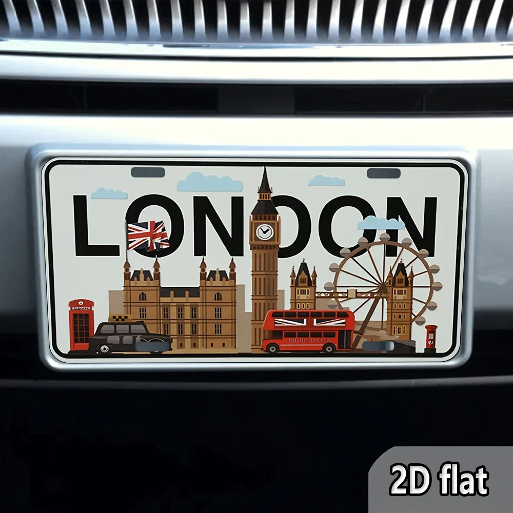 London UK City Skyline License Plate Style Aluminum Metal Sign Retro Big Ben London Eye British Flag Car Decorative Plaque fo