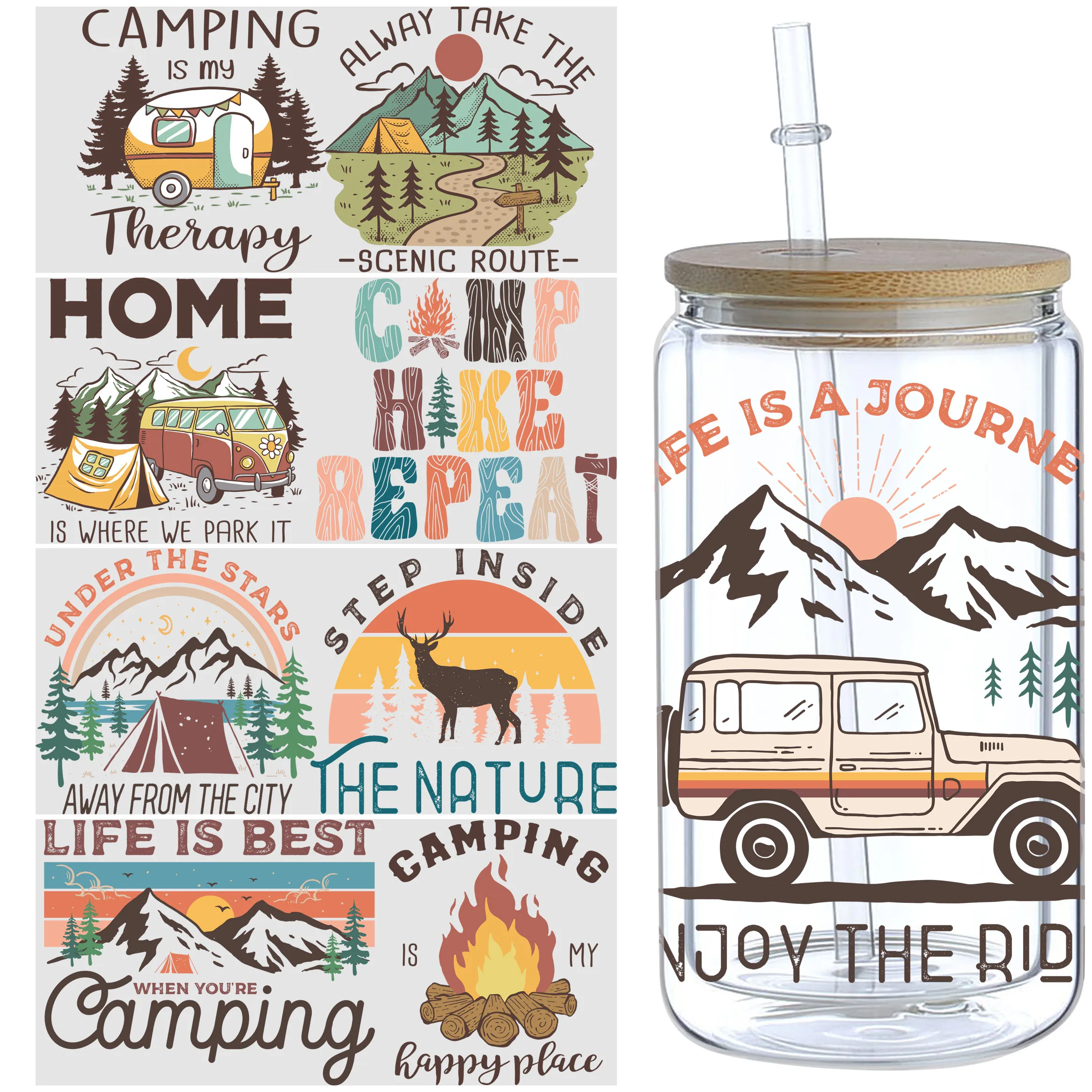 5sheets Camping Themed UV DTF Cup Stickers, Waterproof Sticker Pack For Decorating Mugs, Cups, Bottles, School Supplies, Etc, Ar