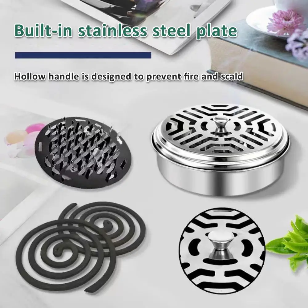 Mosquito Coils Holder Stainless Steel Mosquito Coil Box with Cover Round Mosquito Coil Tray Easy To Clean Anti-Mosquito Supplies