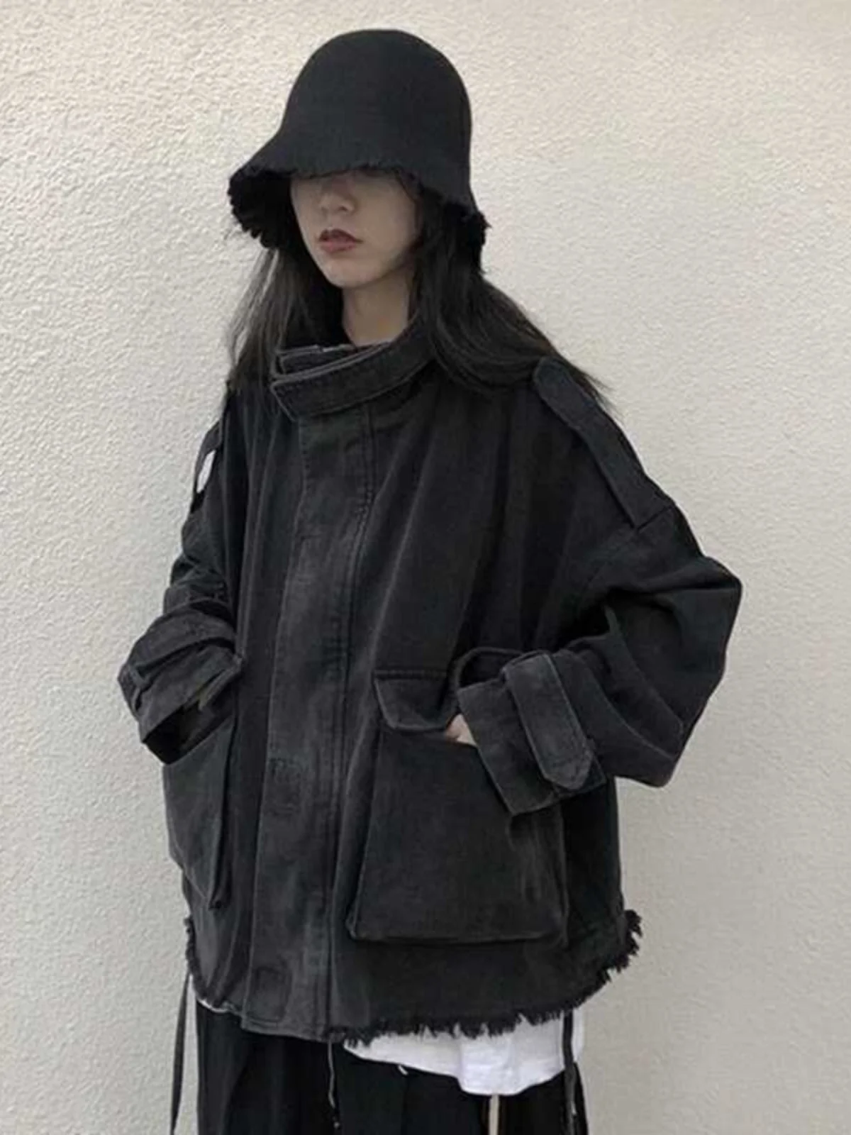 BF Style Loose Denim Jacket with Big Pockets Dark Black Mountain Spring Autumn Women's Short Coat Anti-Wrinkle Long Sleeve
