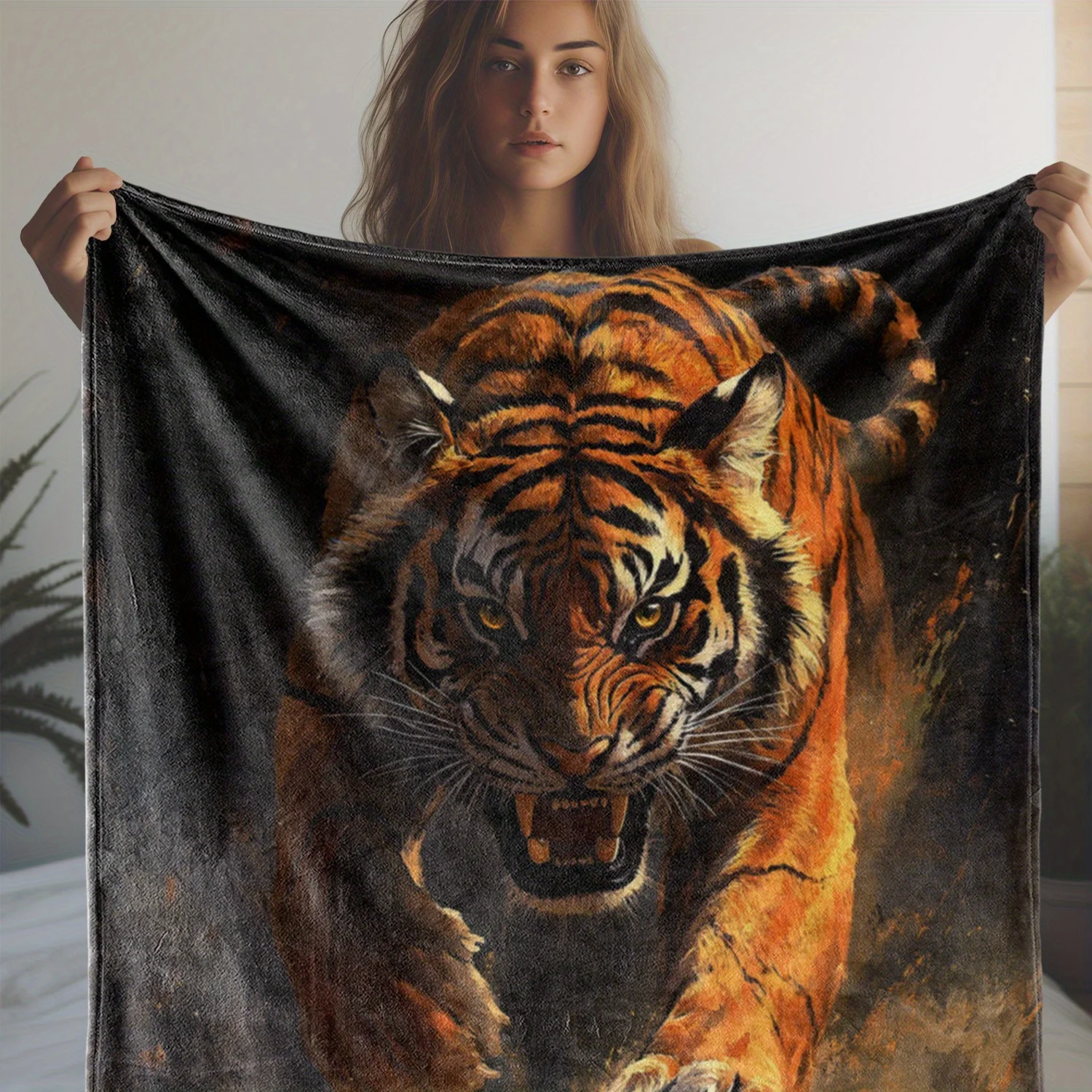 Aggressive Forward Pouncing Tiger Dark Art Throw Blanket Smooth Fabric Living Room Travel Cool Animal Themed Warm Household Gift