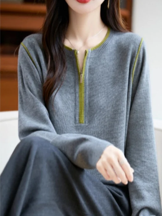 Hochwertiger europäischer SLE-Strickpullover mit Reißverschluss und Stickerei Long Sve Damenoberbekleidung Faionable Commuting SLE
