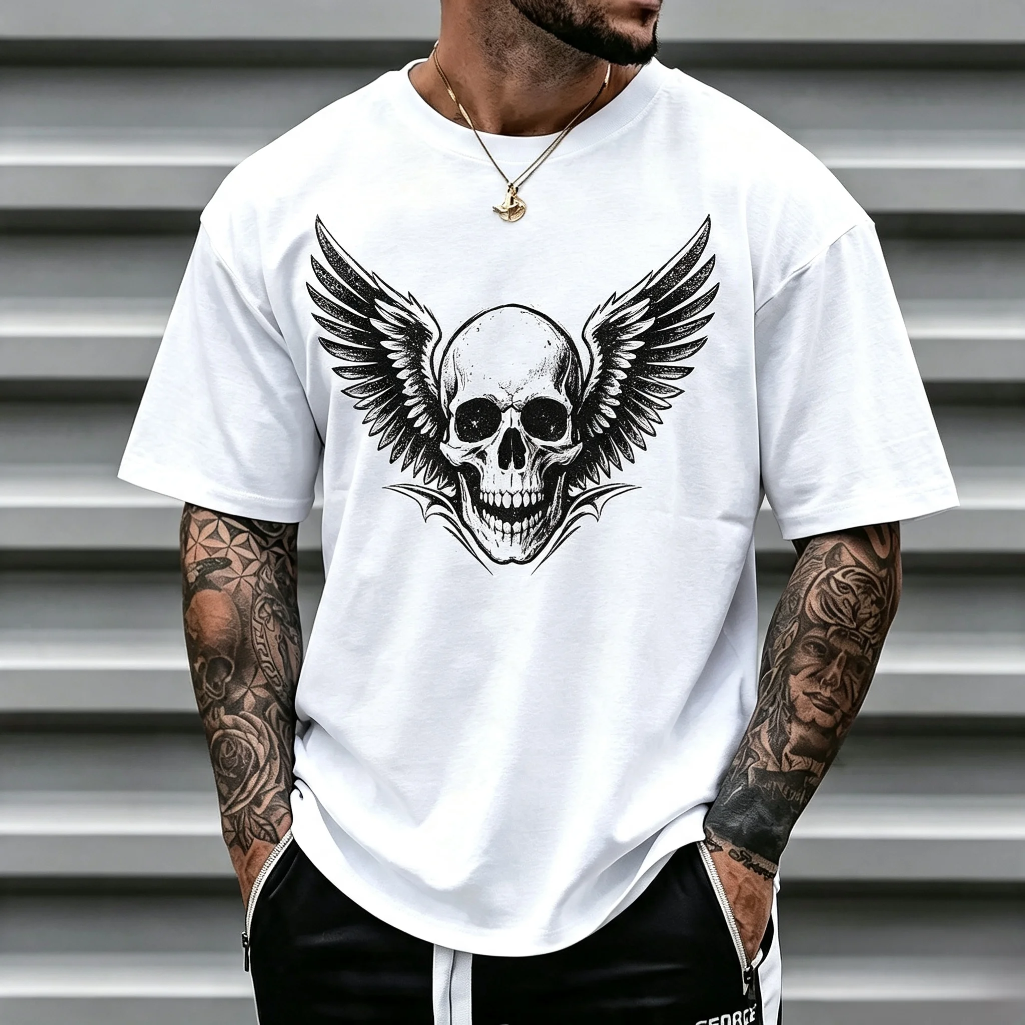 Unisex Winged Skull Graphic T Shirt Men Women Vintage Dark Gothic Print Oversized Crew Neck Short Sleeve Casual Streetwear Cotton Top
