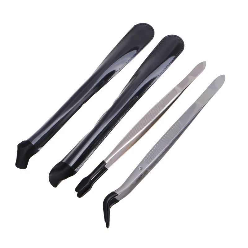 Stainless Steel Tweezers with Rubber Tipped Set of 2 Straight Flat Bent Tip Twee Dropship