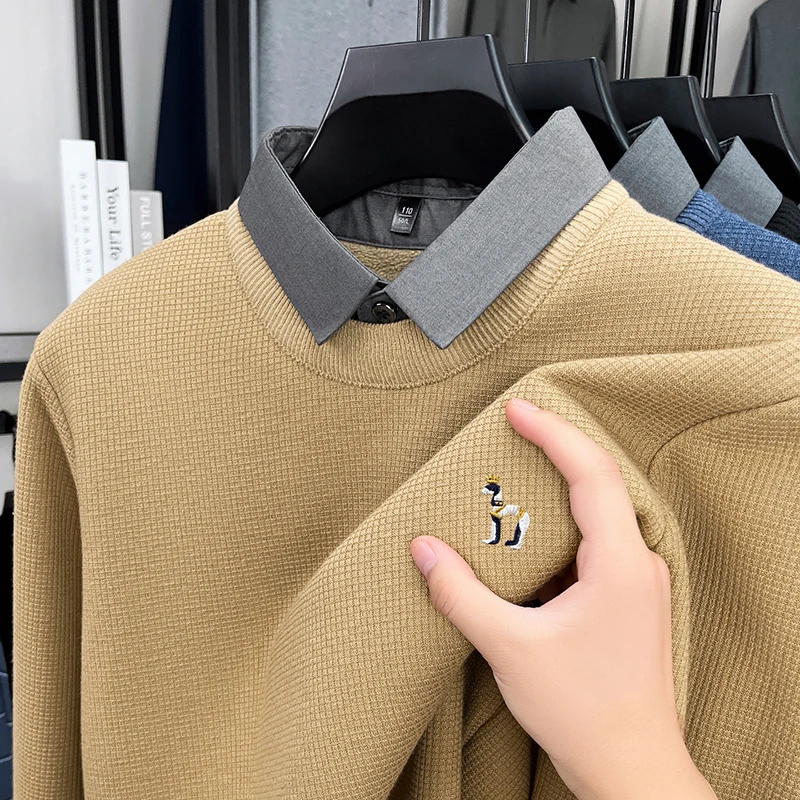 Men's New Knitwear Sweater Pile Knit Turn-Down Collar Embroidery Long Sleeve Pullover Autumn Winter Fashion Warmth Men Clothing