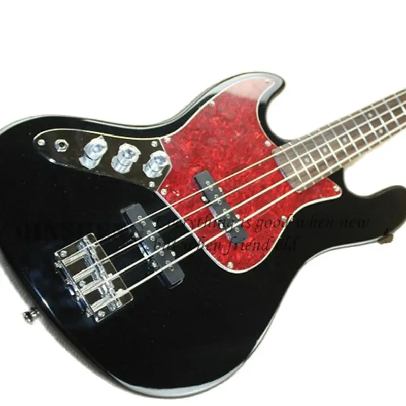 Left hand black bass 4-string electric bass guitar Basswood body Maple neck red turtle shell guard Chrome tuners