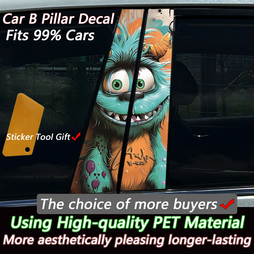 2PCS Funny Cartoon Monster Car Window Sticker, Aesthetic Long-Lasting PET Decal, Universal Fit with Tool Gift