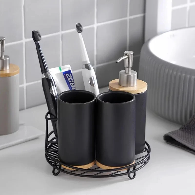 Toothbrush Holder Cup Ceramics Tooth Brush Organizer Nordic Style Bathroom Accessories Set with Wood Base Bathroom Space Saving