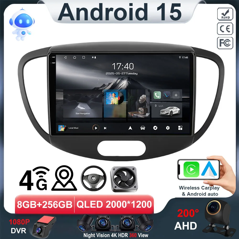 راديو السيارة أندرويد 15 لشركة هيونداي i10 2007 - 2013 السيارات ستيريو مشغل وسائط متعددة لتحديد المواقع والملاحة اللمس شاشة QLED رقم 2din Carplay #1