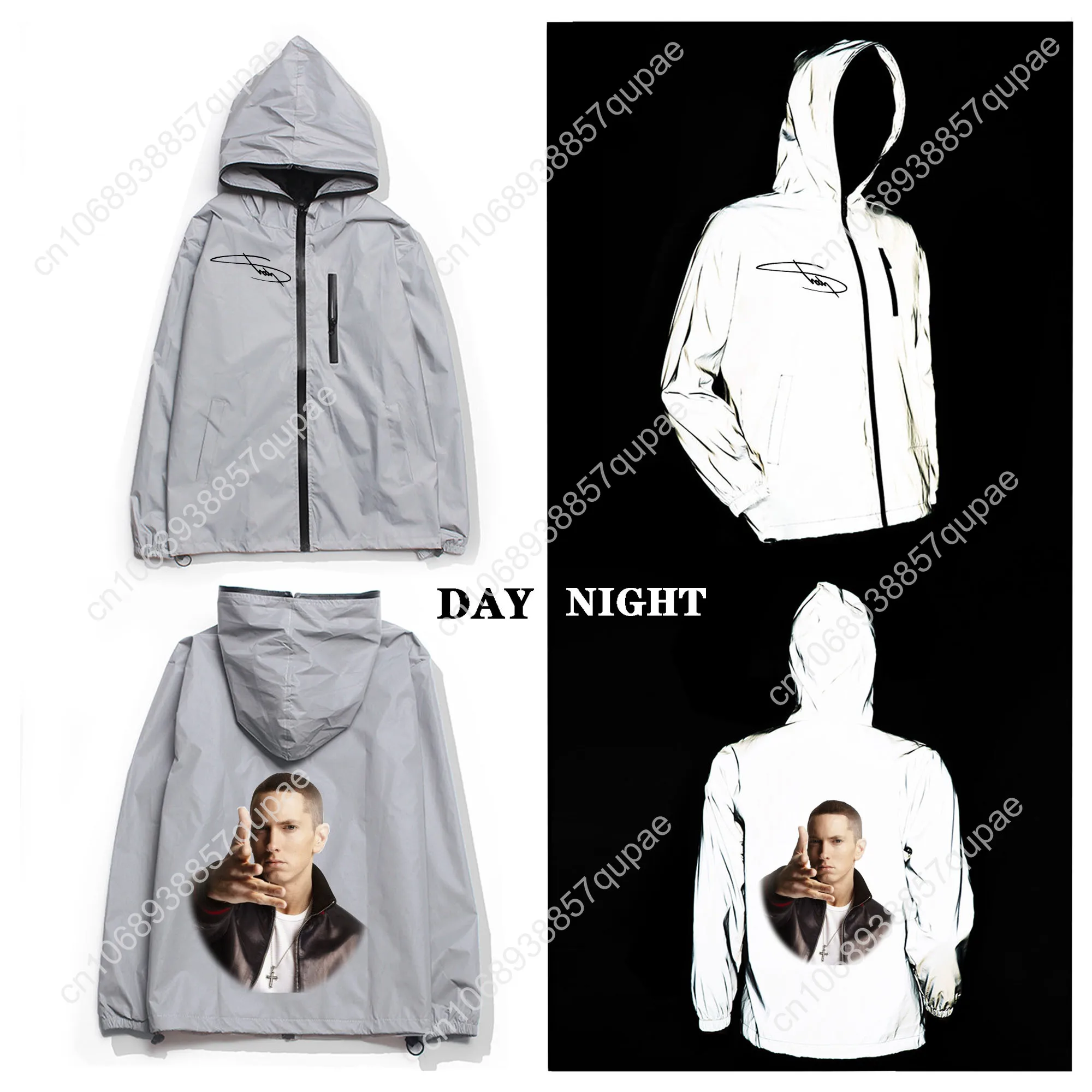 

Eminem Reflective Jacket Rock Singer Mens Womens Coat Hooded Windbreaker Runing Pocket Jackets Cycling Hiking Customized Hoodie