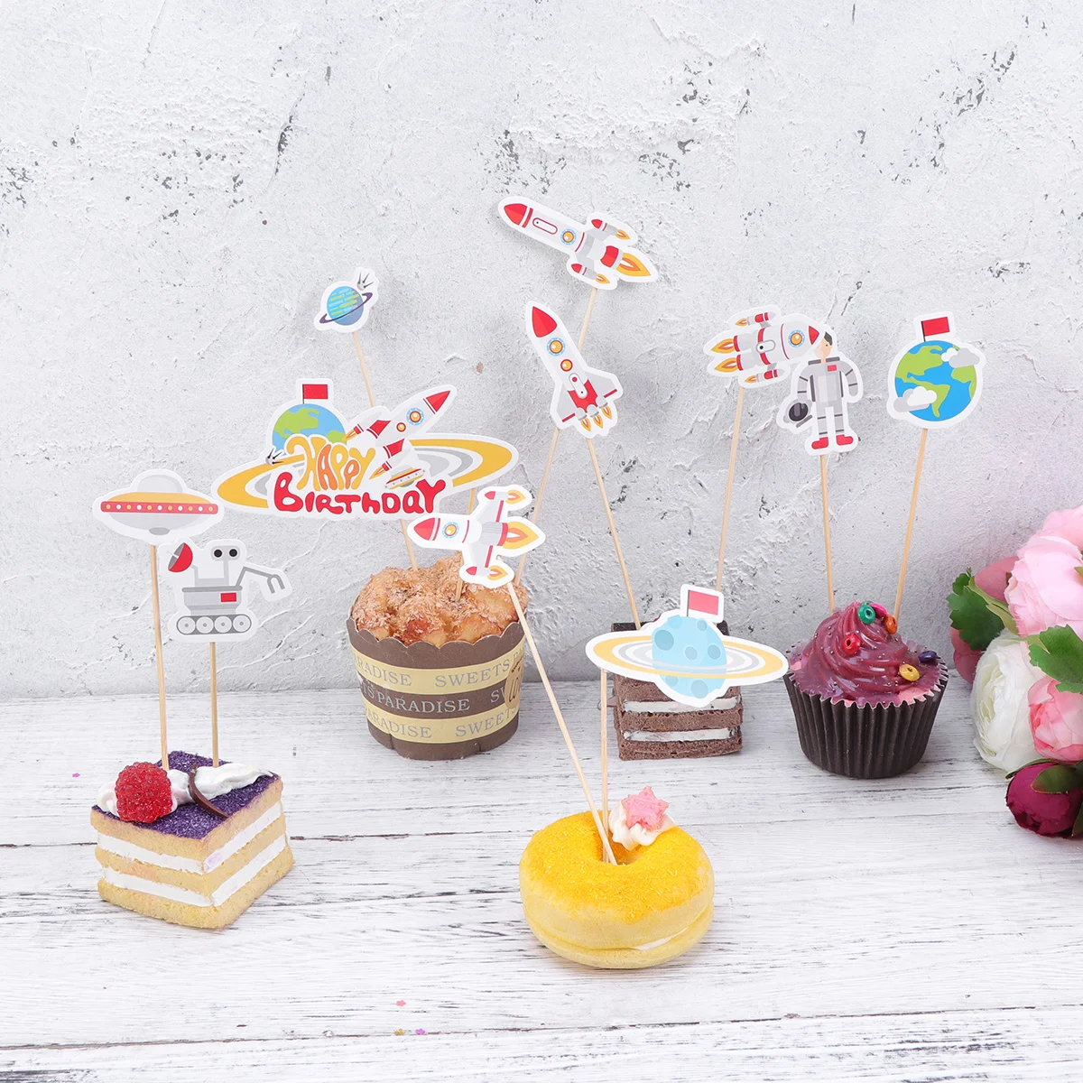 11 PCS Cake Toppers Flag Birthday Party Supplies Decor Space Cupcake Hardcover Cartoon