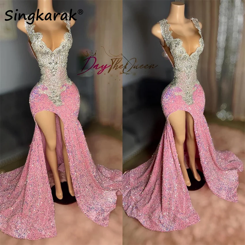 

Sparkly Pink Diamonds Long Mermaid Prom Dresses Glitter Crystal Beading Sequins Evening Gown Side Split Robe Customized