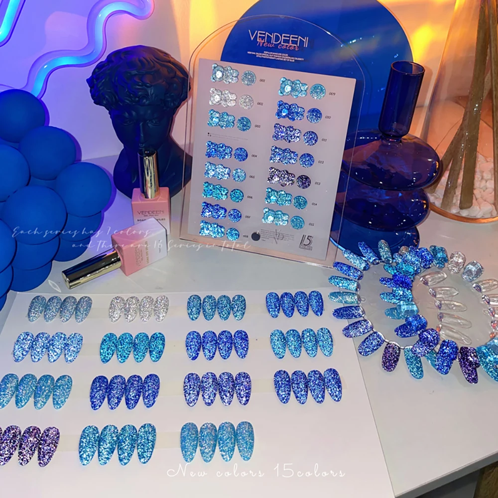 Vendeeni 15 Farben/Set Blauer Glitzer-Broken-Diamond-Gel-Nagellack Semi-Permanenter UV-LED-Soak-Off-Gel-Lack mit Display – Detail 13