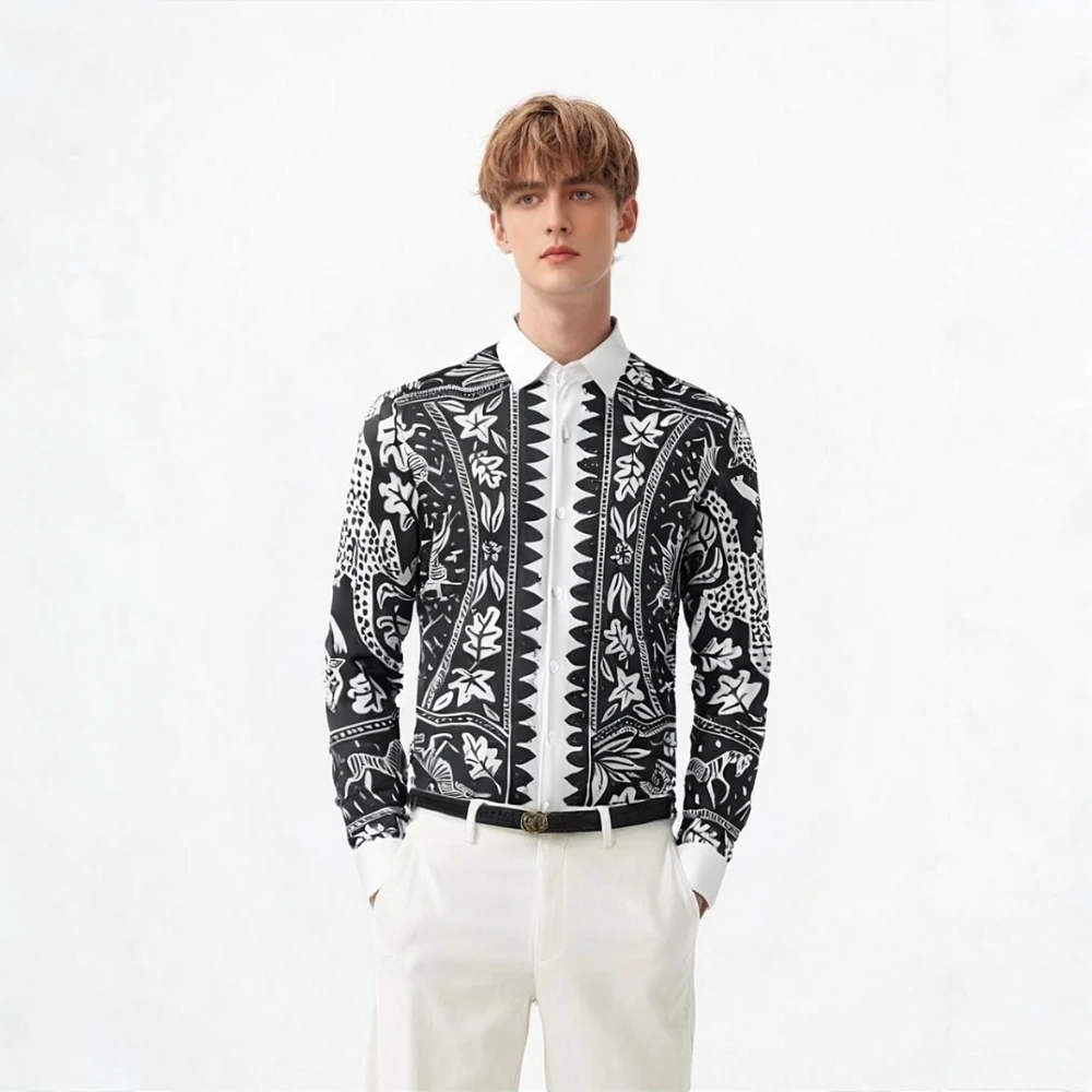 British Style Men's Long Sleeve 3D Digital Printed Shirts Vintage Button Up Slim Fit Man Shirt Elegant Prom Social Mens Clothing