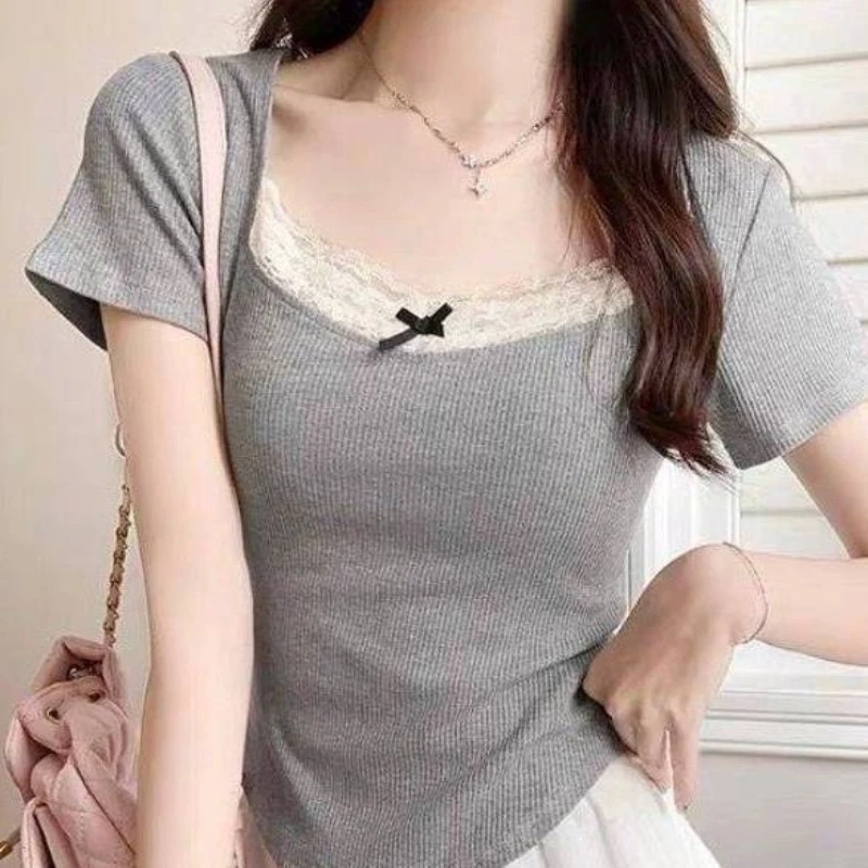 

Pure Cotton Casual Short-sleeved T-shirt Women's Sexy Lace Lace Chic Tight Versatile Top Women
