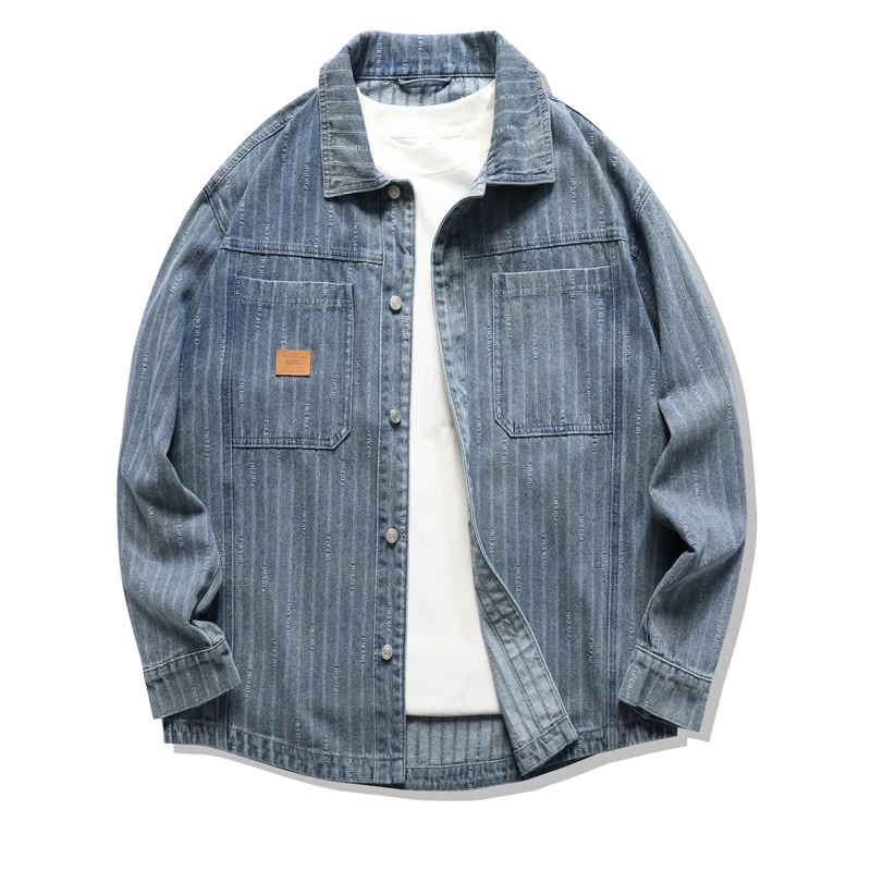 

2025 Men's American Heavyweight Jacquard Striped Denim Shirt - Oversized Workwear Long Sleeve Shirt Jacket for Spring/Fall