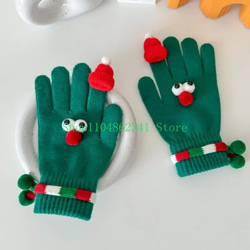652F Holiday Theme Santa Hat Gloves with Finger Leak Screen Touch Festival Handwear Lovely Christmas Knitwear for Daily Use