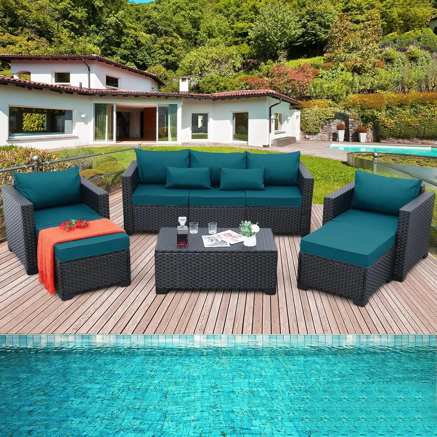 Terrace furniture set 6-piece sofa outdoor chair/coffee table/peacock blue/anti slip pad waterproof cover