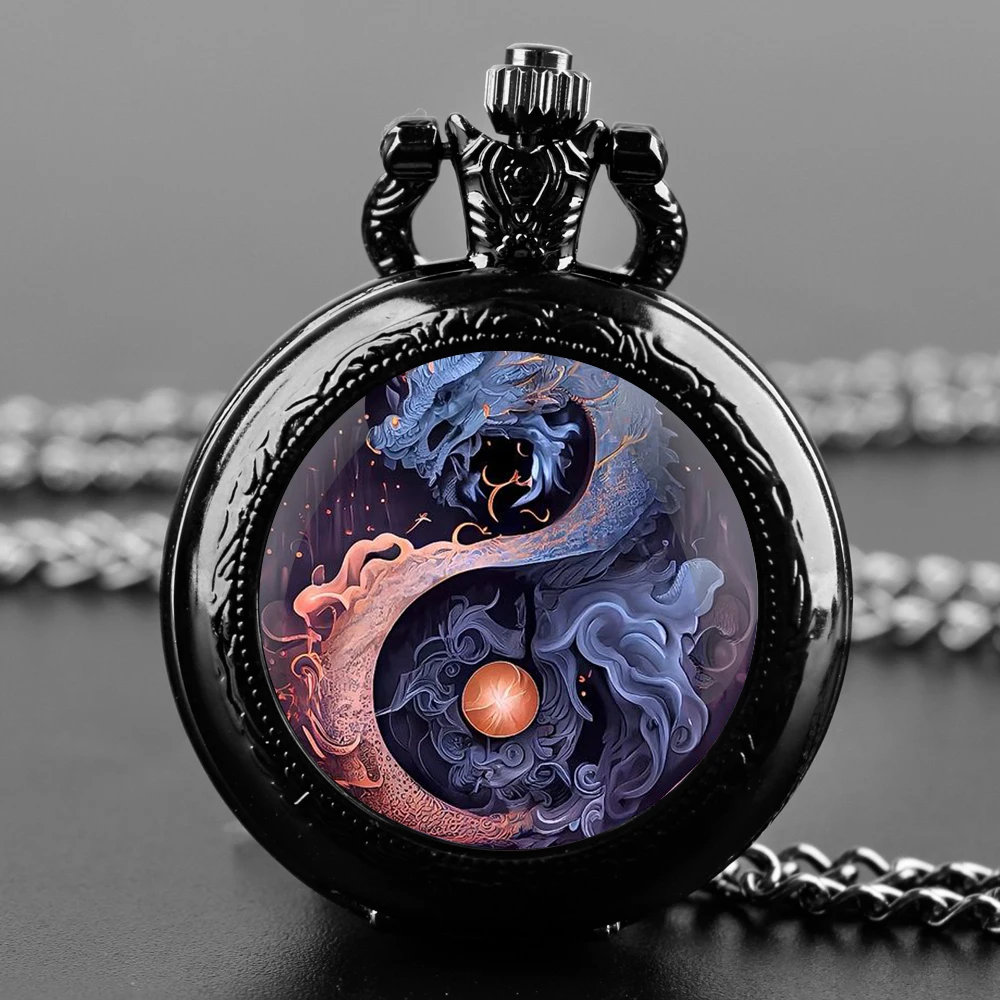 ساعة جيب بتصميم القمر يين ويانغ فريجون القوطي مع حافظة من خليط معدني للقلادة، ساعة حركة كوارتز للرجال والنساء والأطفال