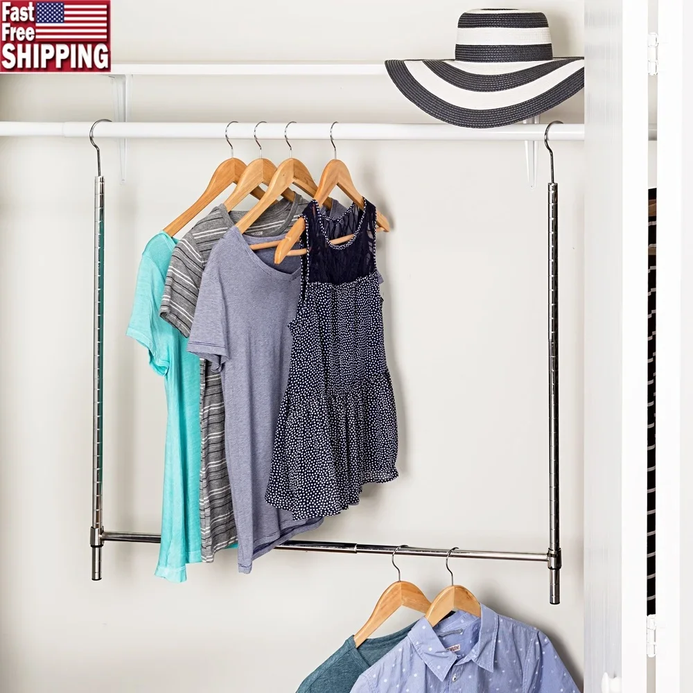 

Adjustable Steel Hanging Closet Rod Double Storage Space Easy Installation No Tools Required Customizable Height and Width