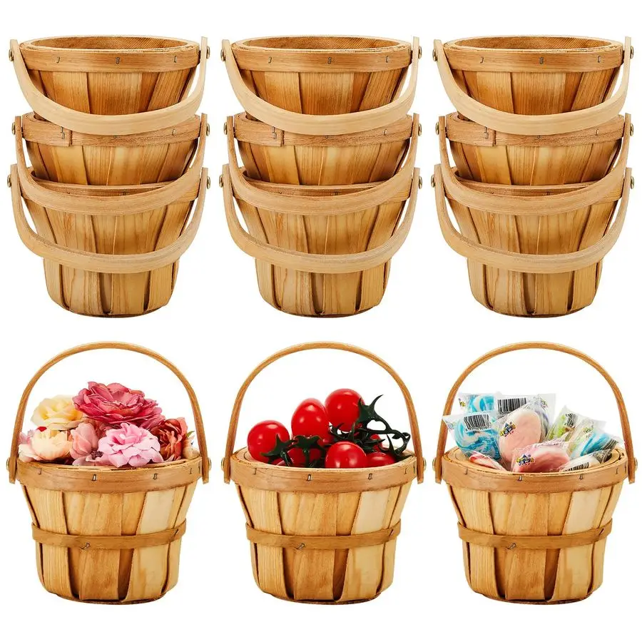 

10 Pcs Mini Wooden Berry Baskets Bulk 4 x 5.1 Inch Decorative Christmas Gift Baskets Empty with Handle for Farmers Market Picnic