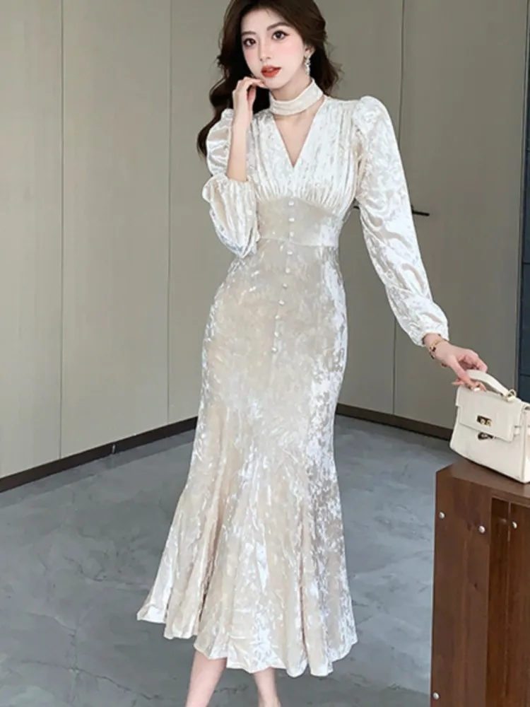 Damska Jesienna Sukienka Balowa w Stylu Francuskim z Aksamitu w Stylu Vintage, Syreni Krój, Długi Rękaw, Elegancka, Dopasowana, Wieczorowa, Vestidos Nowa