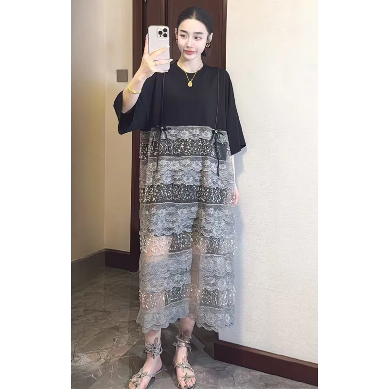 2025 ฤดูร้อนใหม่ผู้หญิงElegantหลวมลูกไม้ยาวเสื้อยืดหญิงแขนสั้นชุดขายส่งJ2006