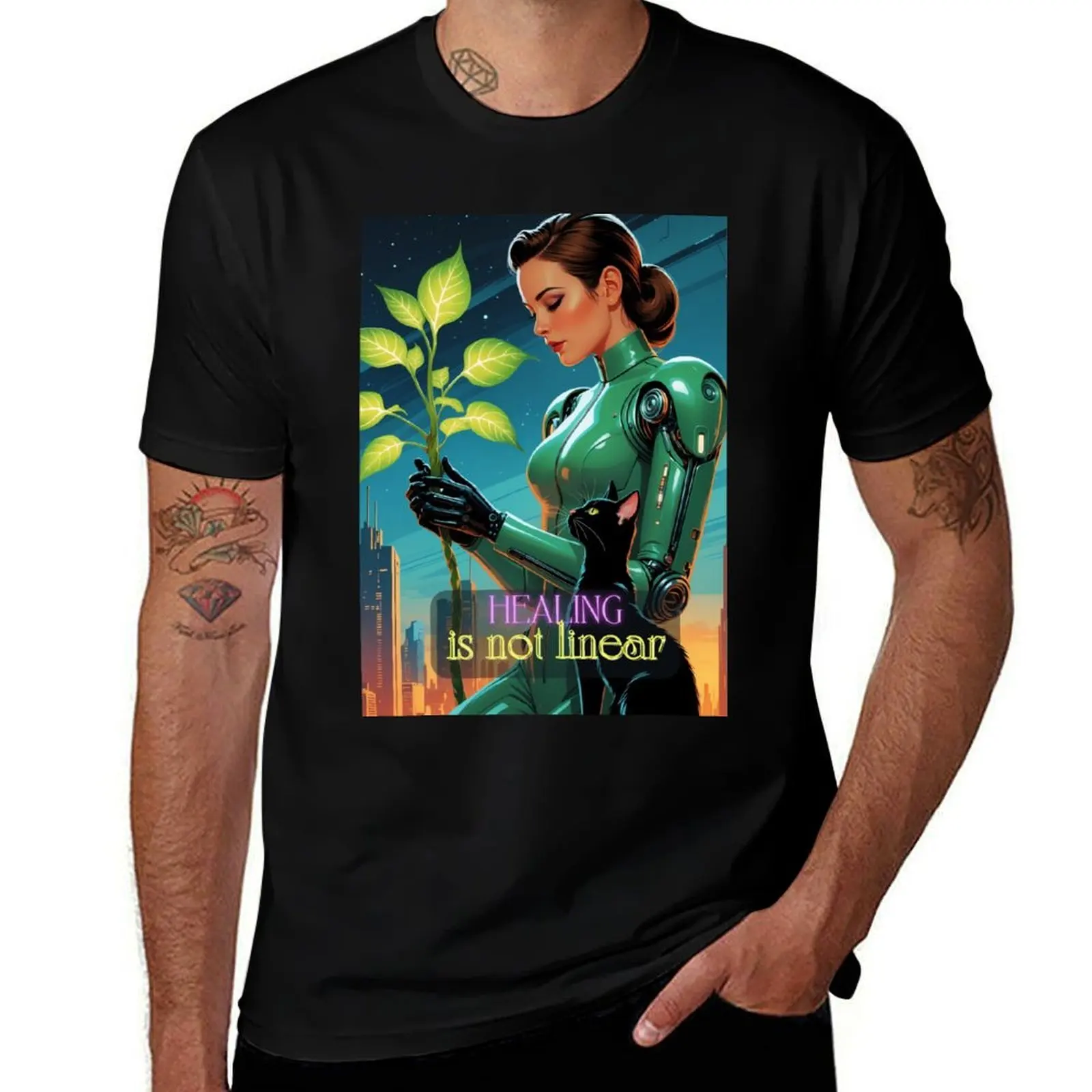 

Futuristic woman in robotic suit nurturing plant with black cat by her side in a vibrant cityscape at dusk T-Shirt