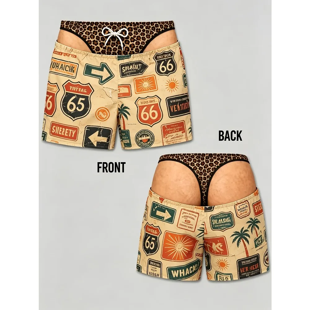 Novelty Funny Men Beach Shorts Fake Leopard Bikini Design Retro Highway Sign Pattern Elastic Waist Quick Dry Swim Trunks Prank