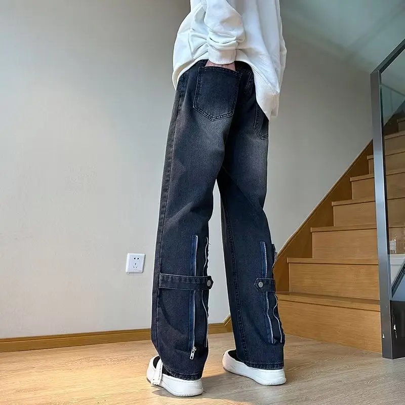 جينز رجالي كاجوال عمودي بساق مستقيمة ، سراويل فضفاضة ، سحاب ، سفر ، تخييم ، ريترو ، جودة ، نحيف ، نمط هونغ كونغ #4