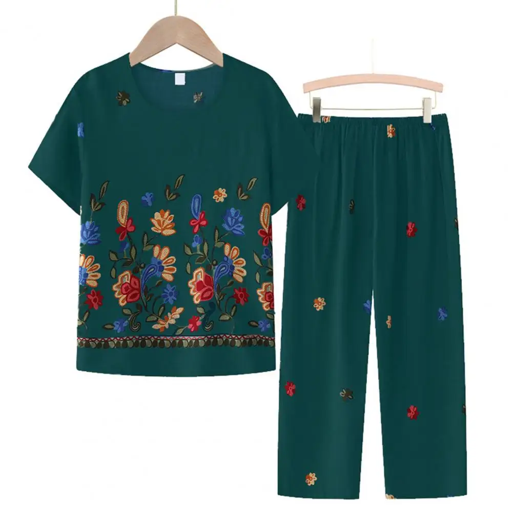 Grandma Summer Two-Piece Set Short-Sleeved Cropped Pant Pajamas Women Sleepwear Loose Middle-Aged Elderly Mother Home Clothes