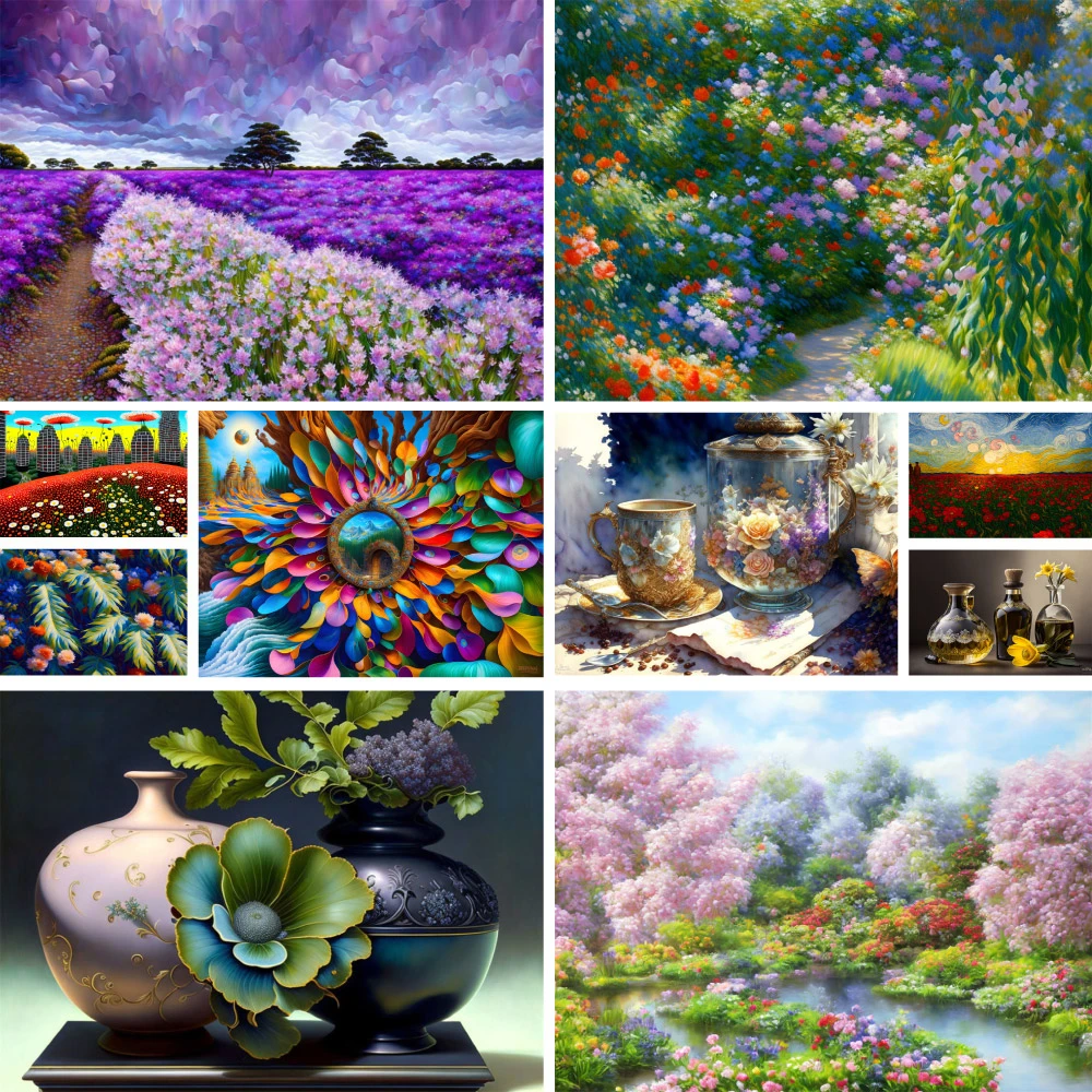 Scenery Flowers Poppy Printed Fabric Cross Stitch Embroidery Full Kit Sewing Handiwork Needlework Handmade Package Magic Jewelry