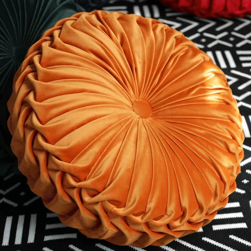 Round Pumpkin Throw Pillow Velvet Home Decoration Pleated Round Big Pillow Cushion for Couch Chair Bed Car Orange Cream Pink Red