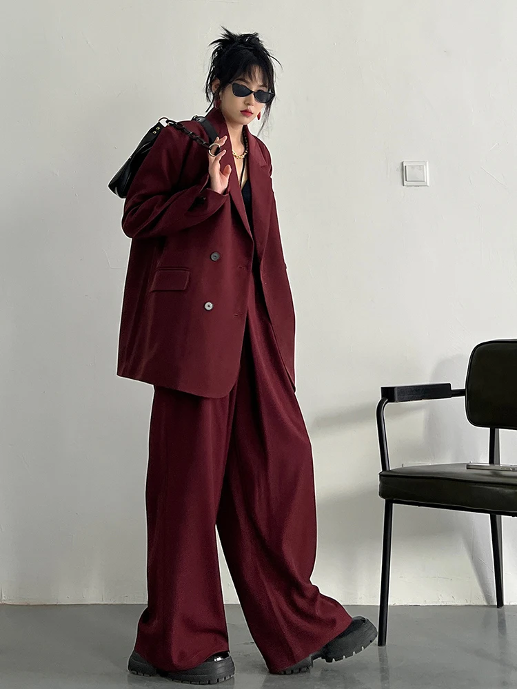 EAM Two Piece Suit Wide Leg Pants New Lapel Long Sleeve Red Loose Casual Fit Women Fashion Tide Spring Autumn 2025 30A1771