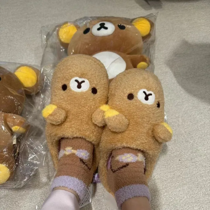 Rilakkuma Slippers Y2K Kawaii Cartoon Anime Japan All Inclusive PE Frosth Plush Indoor Home Flat Anti Slip Couple Slippers New