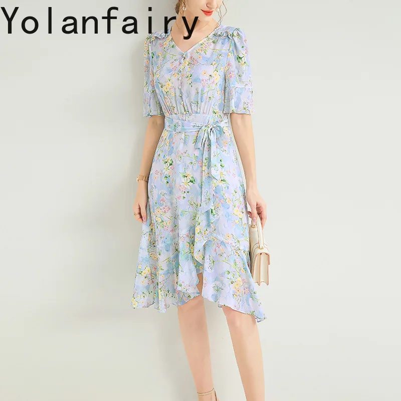 YOLANFAIRY 100% Real Mulberry Silk Dress for Woman Short Sleeve Ruffled Silk Long Dress Elegant Summer Dress Lace-up vestidos