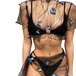 Women's Bikini Cover-up Set Mesh Sheer Three-dimensional Butterfly Decoration Short Sleeve Crop Tops Tie-up Sarong Wrap Skirt