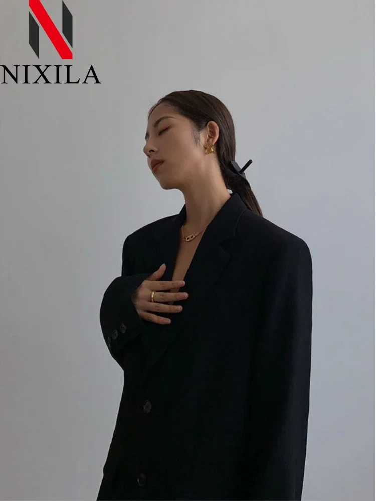 Damen Loose-Fit Schwarze Anzugjacke Vintage Casual Streetwear Blazer Oberbekleidung Mode Herbst Wintermantel