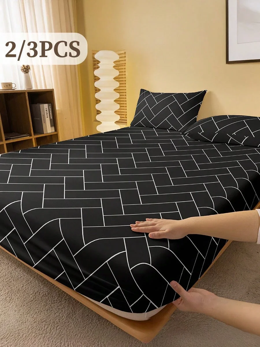 3pcs Line Art Fitted Sheet Set Minimalist Style Flat Sheet With 2 Pillowcases Black And White Modern Geometric Design Room Decor