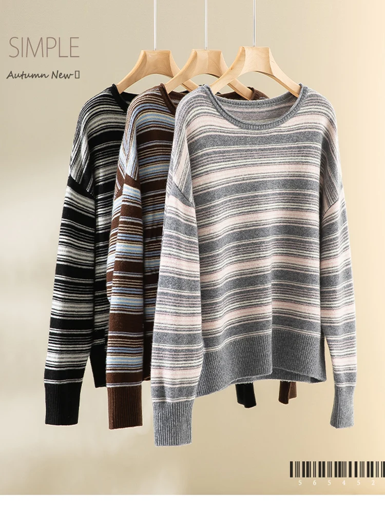 

Ретро-полосатый свободный женский вязаный свитер с длинным рукавом и круглым вырезом, шерстяной пуловер, базовый слой, корейский стиль, стройнящий эффект