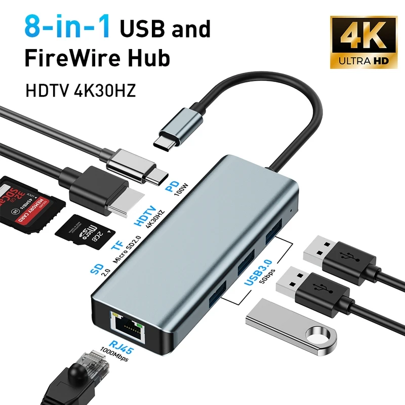 8-in-1 USB C Hub with 4K Ultra HD HDTV, 1000Mbps RJ45, 3x USB 3.0 5Gbps, PD 100W, SD/TF Reader, Aluminum Case for Laptop